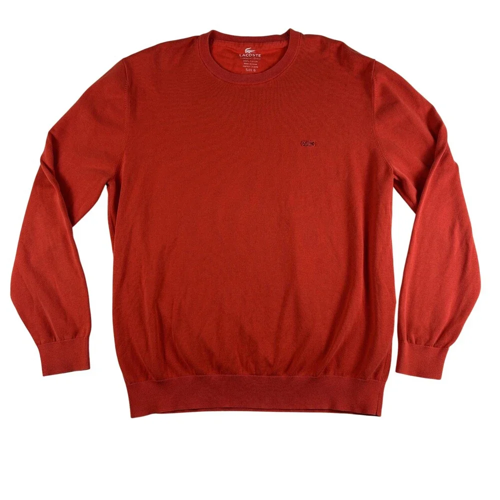 Lacoste Sweater Mens Large Orange Garment Dyed Cotton Crewneck Pullover Logo